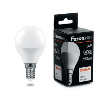 Лампа светодиодная Feron Pro E14 9W 6400K шар матовый LB-1409 38079