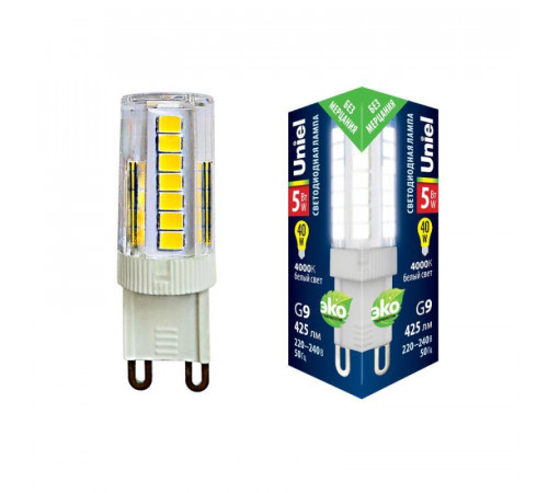 Лампа светодиодная (UL-00006749) Uniel G9 5W 4000K прозрачная LED-JCD-5W/4000K/G9/CL GLZ09TR Лампа светодиодная (UL-00006749) Uniel G9 5W 4000K прозрачная LED-JCD-5W/4000K/G9/CL GLZ09TR