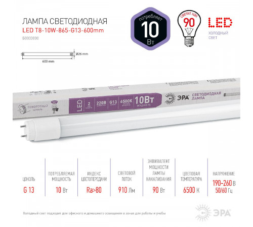 Лампа светодиодная Эра G13 10W 6500K LED T8-10W-865-G13-600mm Б0033000 Лампа светодиодная Эра G13 10W 6500K LED T8-10W-865-G13-600mm Б0033000