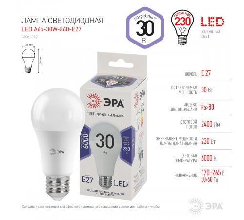 Лампа светодиодная Эра E27 30W 6000K LED A65-30W-860-E27 Б0048017 Лампа светодиодная Эра E27 30W 6000K LED A65-30W-860-E27 Б0048017