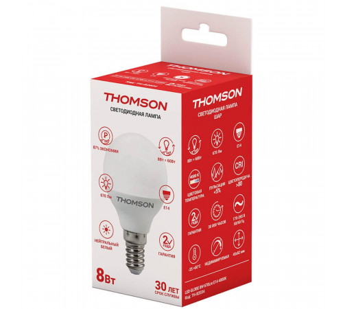 Лампа светодиодная Thomson E14 8W 4000K шар матовый TH-B2034 Лампа светодиодная Thomson E14 8W 4000K шар матовый TH-B2034