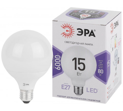 Лампа светодиодная Эра E27 15W 6500K LED G95-15W-6000K-E27 Б0049079