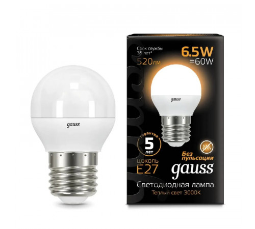 Лампа светодиодная Gauss E27 6.5W 3000K матовая 105102107 Лампа светодиодная Gauss E27 6.5W 3000K матовая 105102107