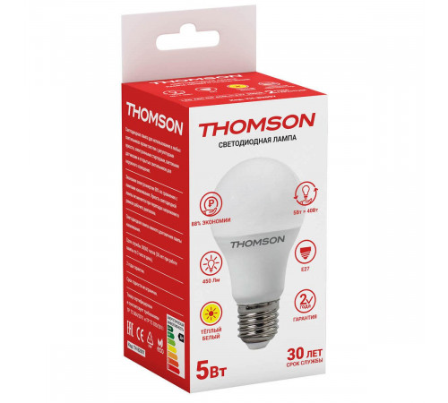 Лампа светодиодная Thomson E27 5W 3000K груша матовая TH-B2097 Лампа светодиодная Thomson E27 5W 3000K груша матовая TH-B2097