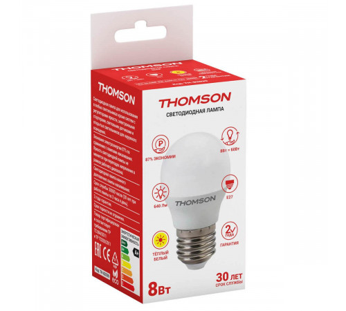 Лампа светодиодная Thomson E27 8W 3000K шар матовый TH-B2039 Лампа светодиодная Thomson E27 8W 3000K шар матовый TH-B2039