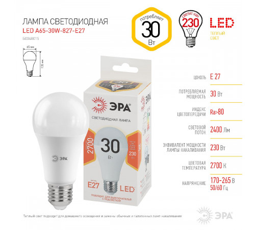 Лампа светодиодная Эра E27 30W 2700K LED A65-30W-827-E27 Б0048015 Лампа светодиодная Эра E27 30W 2700K LED A65-30W-827-E27 Б0048015