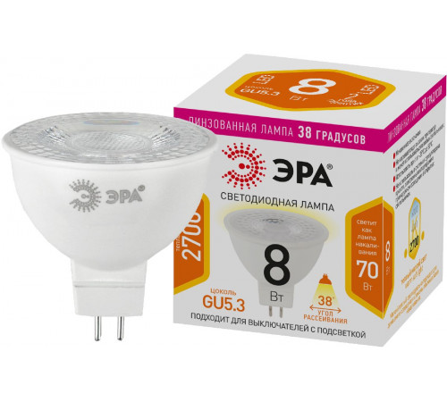 Лампа светодиодная Эра GU5.3 8W 2700K LED Lense MR16-8W-827-GU5.3 Б0054938 Лампа светодиодная Эра GU5.3 8W 2700K LED Lense MR16-8W-827-GU5.3 Б0054938