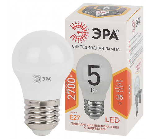 Лампа светодиодная Эра E27 5W 2700K LED P45-5W-827-E27 Б0028486 Лампа светодиодная Эра E27 5W 2700K LED P45-5W-827-E27 Б0028486