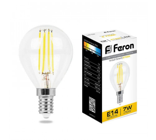Лампа светодиодная филаментная Feron E14 7W 2700K Шар Прозрачная LB-52 25874 Лампа светодиодная филаментная Feron E14 7W 2700K Шар Прозрачная LB-52 25874