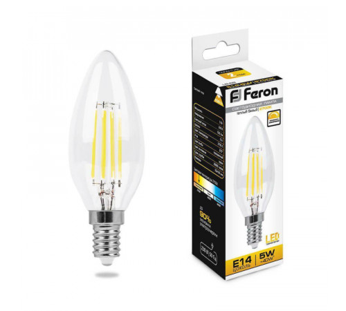 Лампа светодиодная филаментная диммируемая Feron E14 5W 2700K прозрачная LB-68 25651 Лампа светодиодная филаментная диммируемая Feron E14 5W 2700K прозрачная LB-68 25651