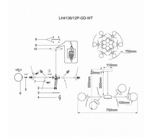 Подвесная люстра Lumien Hall Ilmari LH4136/12P-GD-WT Подвесная люстра Lumien Hall Ilmari LH4136/12P-GD-WT
