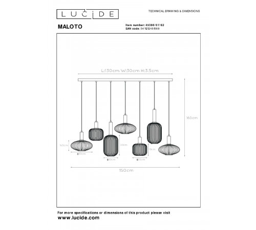Подвесная люстра Lucide Maloto 45386/07/62 Подвесная люстра Lucide Maloto 45386/07/62