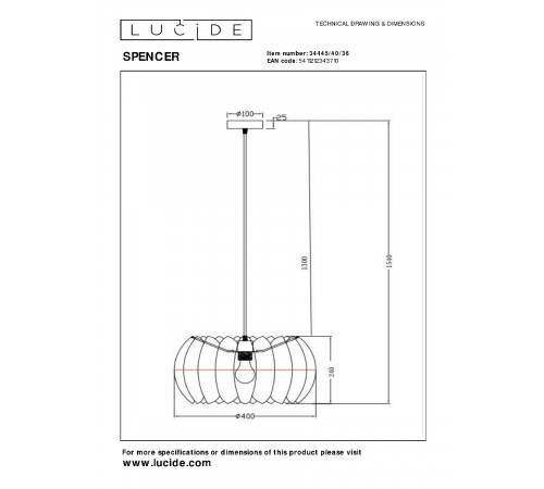 Подвесной светильник Lucide Spencer 34445/40/36 Подвесной светильник Lucide Spencer 34445/40/36