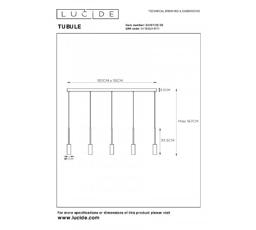 Подвесной светильник Lucide Tubule 24401/35/30 Подвесной светильник Lucide Tubule 24401/35/30