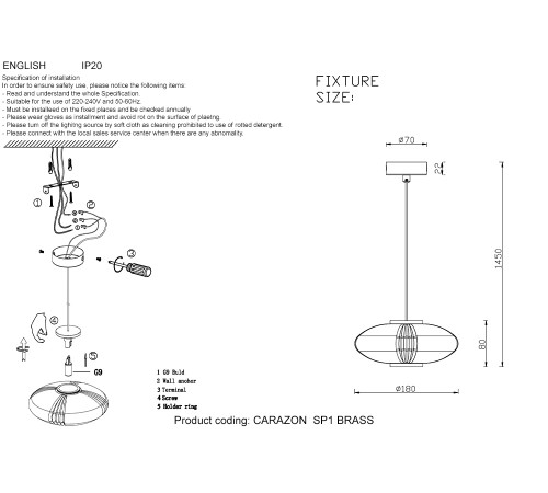 Подвесной светильник Crystal Lux CARAZON SP1 BRASS Подвесной светильник Crystal Lux CARAZON SP1 BRASS