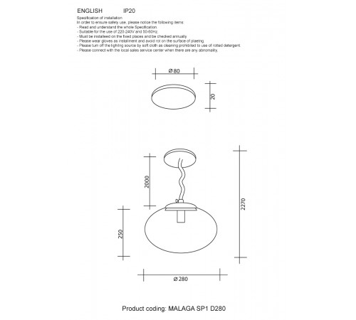 Подвесной светильник Crystal Lux MALAGA SP1 D280 CHROME Подвесной светильник Crystal Lux MALAGA SP1 D280 CHROME