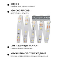 Комплект светодиодной ленты Apeyron 12В 4.8Вт/м smd 3528 60 д/м IP20 2,5м 6500K (блок, коннектор) 10-07