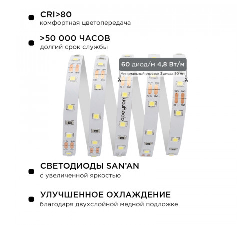 Комплект светодиодной ленты Apeyron 12В 4.8Вт/м smd 3528 60 д/м IP20 2,5м 6500K (блок, коннектор) 10-07 Комплект светодиодной ленты Apeyron 12В 4.8Вт/м smd 3528 60 д/м IP20 2,5м 6500K (блок, коннектор) 10-07