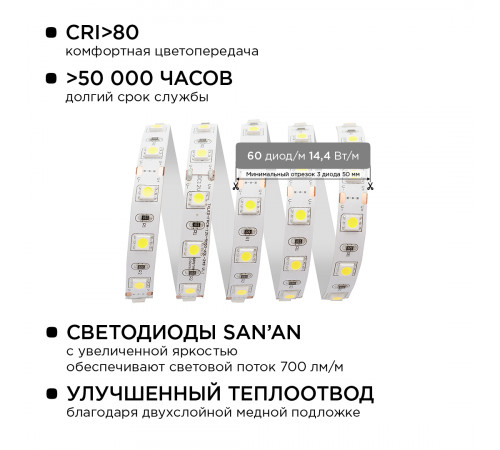 Комплект светодиодной ленты Apeyron 12В 14.4Вт/м smd 5050 60 д/м IP20 5м 6500K (блок, коннектор) 10-14