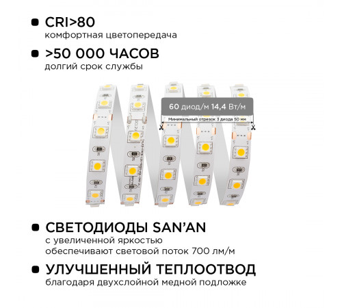 Комплект светодиодной ленты Apeyron 12В 144Вт/м smd 5050 60 д/м IP20 1м 3000К (блок, коннектор) 10-68 Комплект светодиодной ленты Apeyron 12В 144Вт/м smd 5050 60 д/м IP20 1м 3000К (блок, коннектор) 10-68