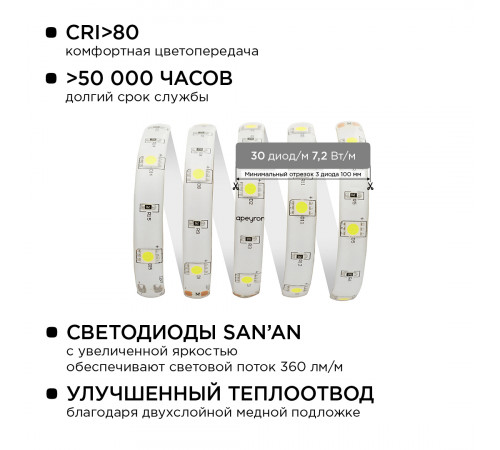 Комплект светодиодной ленты Apeyron 12В 7.2Вт/м smd 5050 30 д/м IP65 5м 6400K (блок, коннектор) 10-01 Комплект светодиодной ленты Apeyron 12В 7.2Вт/м smd 5050 30 д/м IP65 5м 6400K (блок, коннектор) 10-01