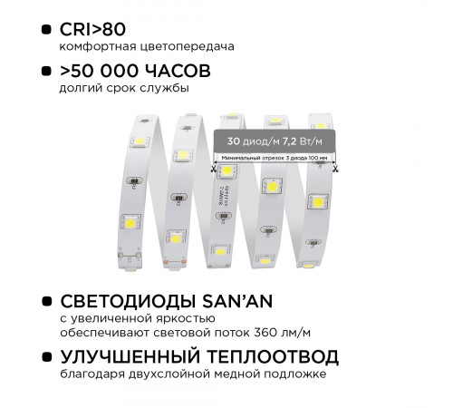 Комплект светодиодной ленты Apeyron 12В 7.2Вт/м smd 5050 30 д/м IP20 5м 6500K (блок, коннектор) 10-40