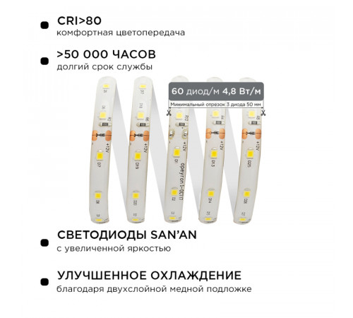 Комплект светодиодной ленты Apeyron 12В 4.8Вт/м smd 3528 60 д/м IP65 5м 3000K (блок, коннектор) 10-27 Комплект светодиодной ленты Apeyron 12В 4.8Вт/м smd 3528 60 д/м IP65 5м 3000K (блок, коннектор) 10-27