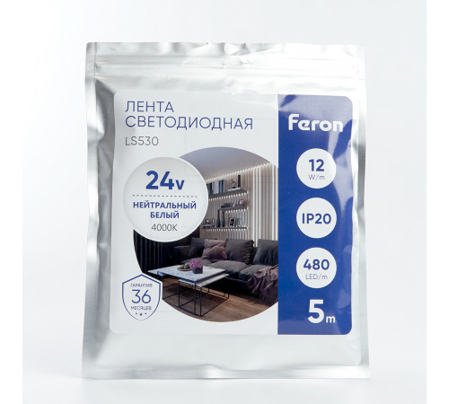 Светодиодная лента Feron LS530 24В 2110 12Вт/м 4000K 5м IP20 48271 Светодиодная лента Feron LS530 24В 2110 12Вт/м 4000K 5м IP20 48271