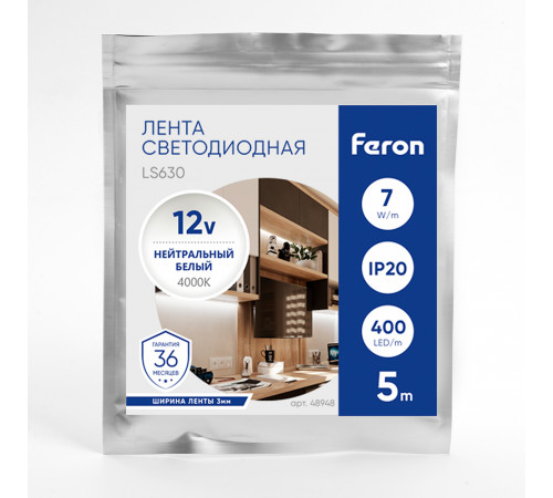 Светодиодная лента Feron LS630 12В 7Вт/м 4000К 5м IP20 48948