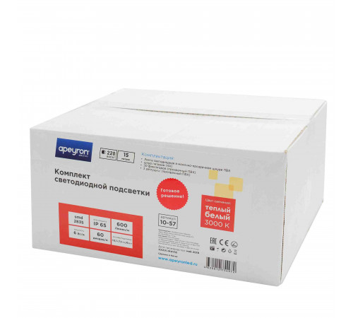 Светодиодная лента Apeyron 220В 6Вт/м smd2835 60д/м IP65 600Лм/м 15м 3000К 10-57