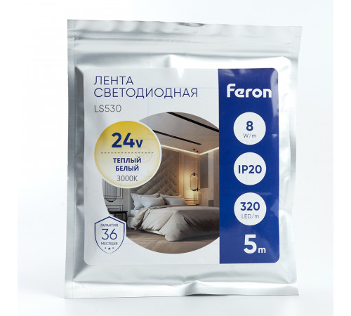 Светодиодная лента Feron LS530 24В 2110 10Вт/м 3000K 5м IP20 48263 Светодиодная лента Feron LS530 24В 2110 10Вт/м 3000K 5м IP20 48263