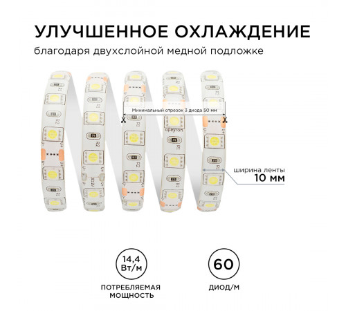 Светодиодная лента Apeyron 12В 14,4Вт/м smd5050 60д/м IP65 700Лм/м 1м 6500К 259BL Светодиодная лента Apeyron 12В 14,4Вт/м smd5050 60д/м IP65 700Лм/м 1м 6500К 259BL