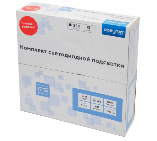 Светодиодная лента Apeyron 220В 6Вт/м smd2835 60д/м IP65 600Лм/м 15м 6500К 10-54 Светодиодная лента Apeyron 220В 6Вт/м smd2835 60д/м IP65 600Лм/м 15м 6500К 10-54