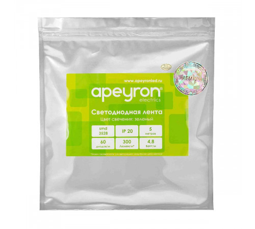 Светодиодная лента Apeyron 12В 3528 4,8Вт/м зеленый 5м IP20 00-434 Светодиодная лента Apeyron 12В 3528 4,8Вт/м зеленый 5м IP20 00-434