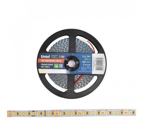 Светодиодная лента Uniel ULS-2835-168LED/m-10mm-IP20-DC24V-14W/m-5M-3000K катушка в герметичной упаковке Светодиодная лента Uniel ULS-2835-168LED/m-10mm-IP20-DC24V-14W/m-5M-3000K катушка в герметичной упаковке