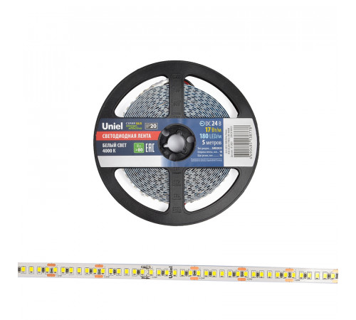 Светодиодная лента Uniel ULS-2835-180LED/m-10mm-IP20-DC24V-17W/m-5M-4000K катушка в герметичной упаковке