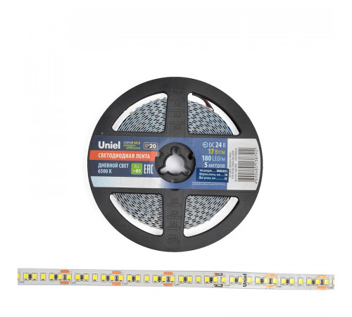 Светодиодная лента Uniel ULS-2835-180LED/m-10mm-IP20-DC24V-17W/m-5M-6500K катушка в герметичной упаковке Светодиодная лента Uniel ULS-2835-180LED/m-10mm-IP20-DC24V-17W/m-5M-6500K катушка в герметичной упаковке