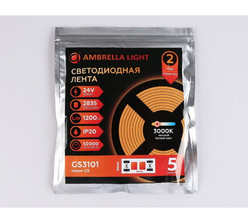 Светодиодная лента Ambrella Light LED Strip 24В 2835 10Вт/м 3000K 5м IP20 GS3101 Светодиодная лента Ambrella Light LED Strip 24В 2835 10Вт/м 3000K 5м IP20 GS3101