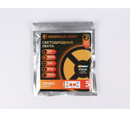 Светодиодная лента Ambrella Light LED Strip 12В 5050 7,2Вт/м 3000K 5м IP20 GS1801 Светодиодная лента Ambrella Light LED Strip 12В 5050 7,2Вт/м 3000K 5м IP20 GS1801