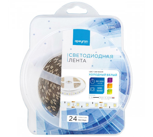 Светодиодная лента Apeyron 12В 14,4Вт/м smd5050 60д/м IP20 700Лм/м 3м, 6500К 229BL Светодиодная лента Apeyron 12В 14,4Вт/м smd5050 60д/м IP20 700Лм/м 3м, 6500К 229BL