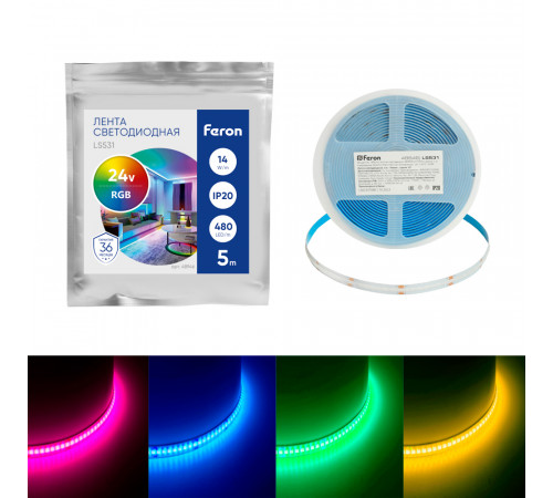 Светодиодная лента Feron LS531 24В 14Вт/м RGB 5м IP20 48946 Светодиодная лента Feron LS531 24В 14Вт/м RGB 5м IP20 48946