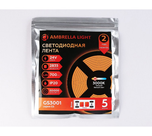 Светодиодная лента Ambrella Light LED Strip 24В 2835 6Вт/м 3000K 5м IP20 GS3001 Светодиодная лента Ambrella Light LED Strip 24В 2835 6Вт/м 3000K 5м IP20 GS3001