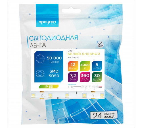 Светодиодная лента Apeyron 12В СТ 7,2Вт/м smd5050 30д/м IP65 360Лм/м 5м 4000К 00-150