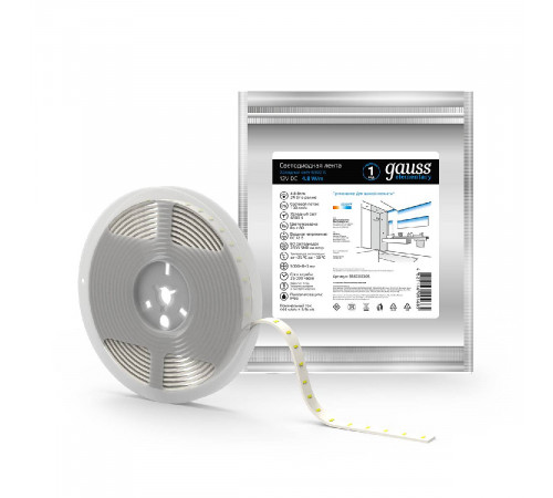 Светодиодная влагозащищенная лента Gauss 4,8W/m 60LED/m 2835SMD холодный белый 5M 356000305