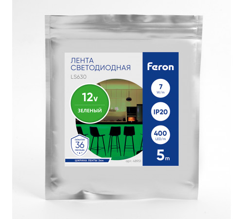 Светодиодная лента Feron LS630 12В 7Вт/м Зеленый 5м IP20 48951 Светодиодная лента Feron LS630 12В 7Вт/м Зеленый 5м IP20 48951