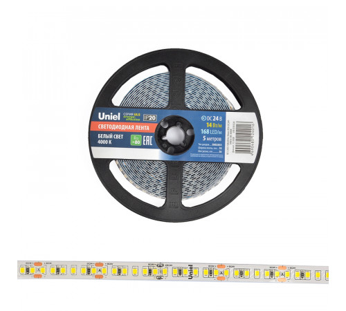 Светодиодная лента Uniel ULS-2835-168LED/m-10mm-IP20-DC24V-14W/m-5M-4000K катушка в герметичной упаковке Светодиодная лента Uniel ULS-2835-168LED/m-10mm-IP20-DC24V-14W/m-5M-4000K катушка в герметичной упаковке