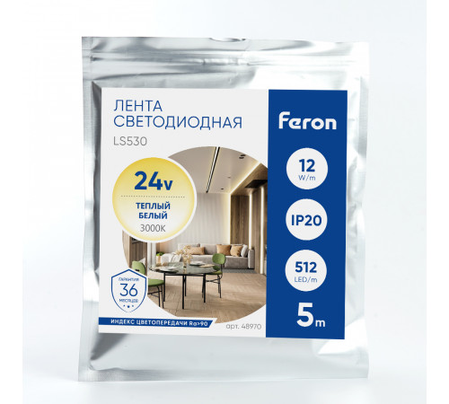 Светодиодная лента Feron LS530 512SMD 12Вт/м 24В 3000К IP20 48970 Светодиодная лента Feron LS530 512SMD 12Вт/м 24В 3000К IP20 48970