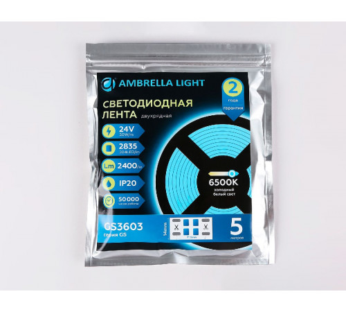 Светодиодная лента двухрядная Ambrella Light LED Strip 24В 2835 20Вт/м 6500K 5м IP20 GS3603 Светодиодная лента двухрядная Ambrella Light LED Strip 24В 2835 20Вт/м 6500K 5м IP20 GS3603