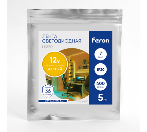 Светодиодная лента Feron LS630 12В 7Вт/м Желтый 5м IP20 48950 Светодиодная лента Feron LS630 12В 7Вт/м Желтый 5м IP20 48950