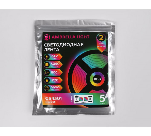 Светодиодная лента Ambrella Light LED Strip 24В 5050 7,2Вт/м RGB 5м IP20 GS4301 Светодиодная лента Ambrella Light LED Strip 24В 5050 7,2Вт/м RGB 5м IP20 GS4301